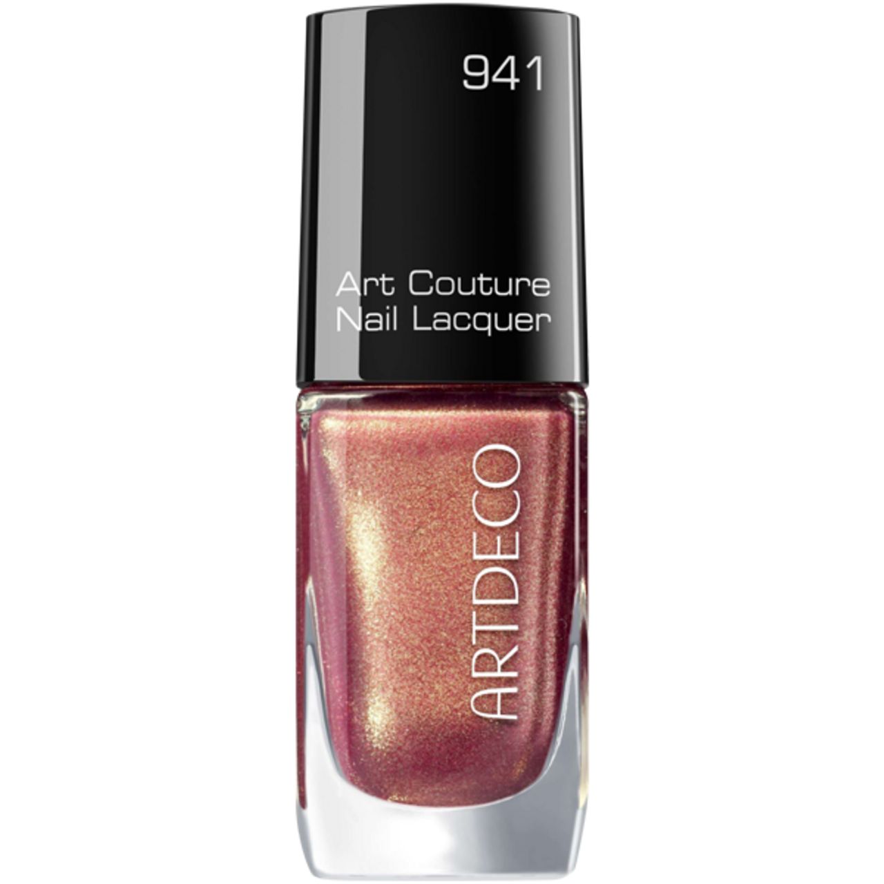 Nagellackflasche mit schwarzem Deckel. Aufschrift: Art Couture Nail Lacquer, ARTDECO. Farbton 941, schimmernd.