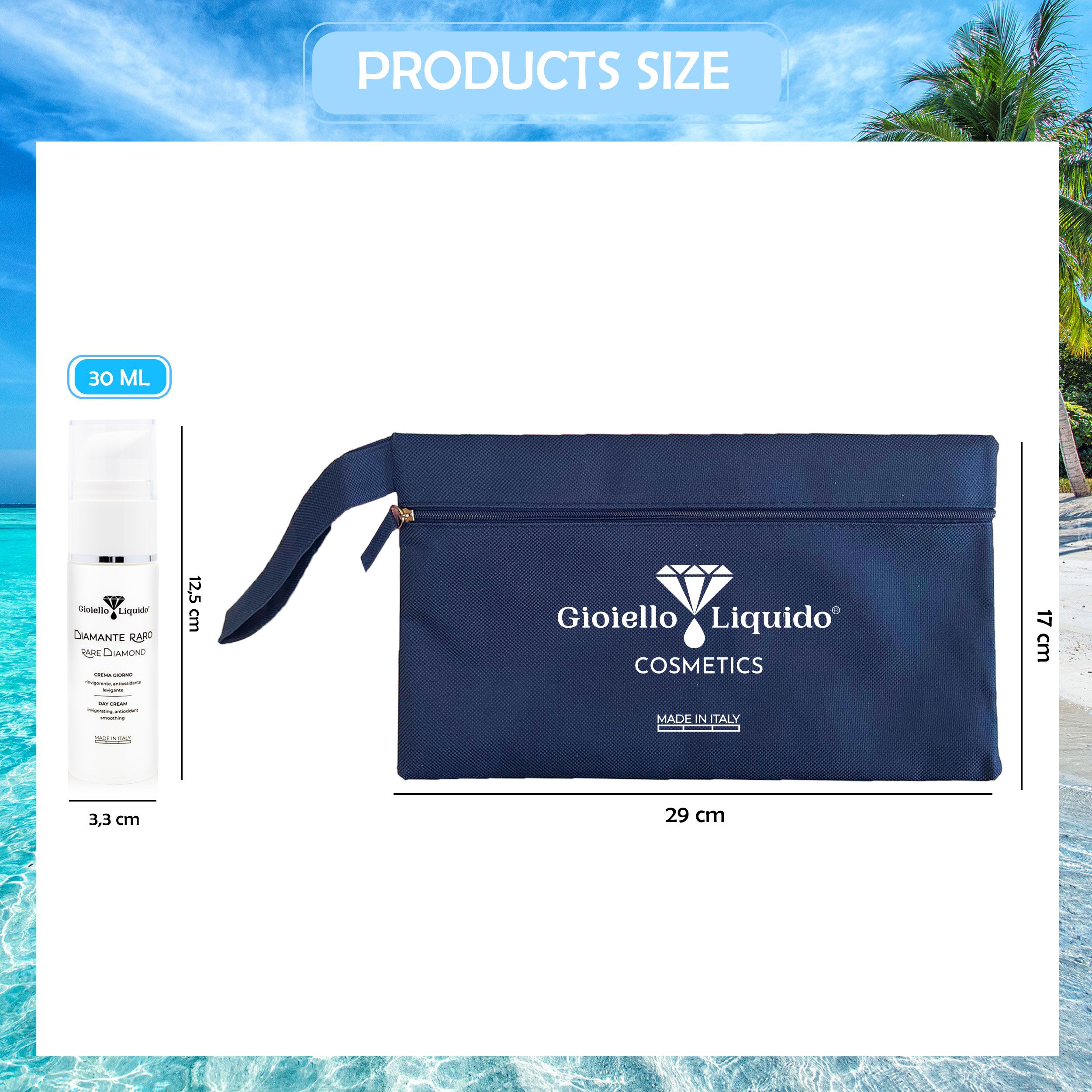 Tagescreme und blaue Clutch-Tasche. Abmessungen: 3,3 x 12,5 cm (Creme), 29 x 17 cm (Tasche). Text: Gioiello Liquido Cosmetics, 30 ml.