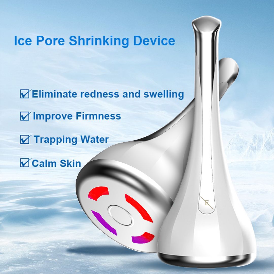 Silberfarbenes, tropfenförmiges Gerät. Text: Ice Pore Shrinking Device. Vier Vorteile aufgelistet.