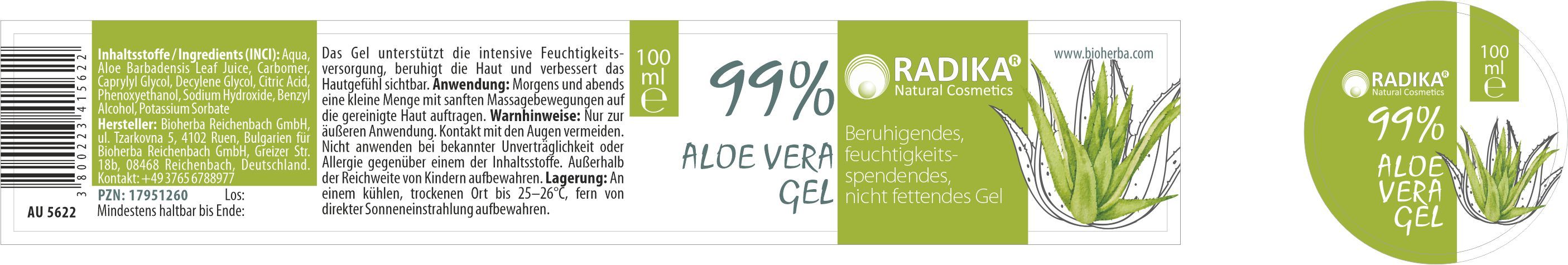 Etikett mit Text und Logo. Enthält 99% Aloe Vera Gel. Marke: Radika. Grün-weiße Farbgebung. Text in deutscher Sprache.