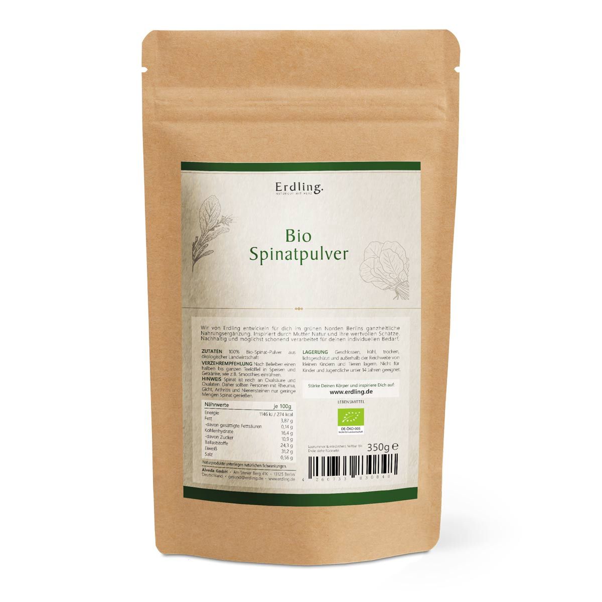 Ein Standbeutel aus braunem Papier zeigt Erdling Bio Spinatpulver. Auf der Vorderseite befindet sich ein Etikett mit dem Produktnamen und Informationen. Das Etikett enthält auch das Bio-Siegel. Die Packung enthält 350g Spinatpulver.