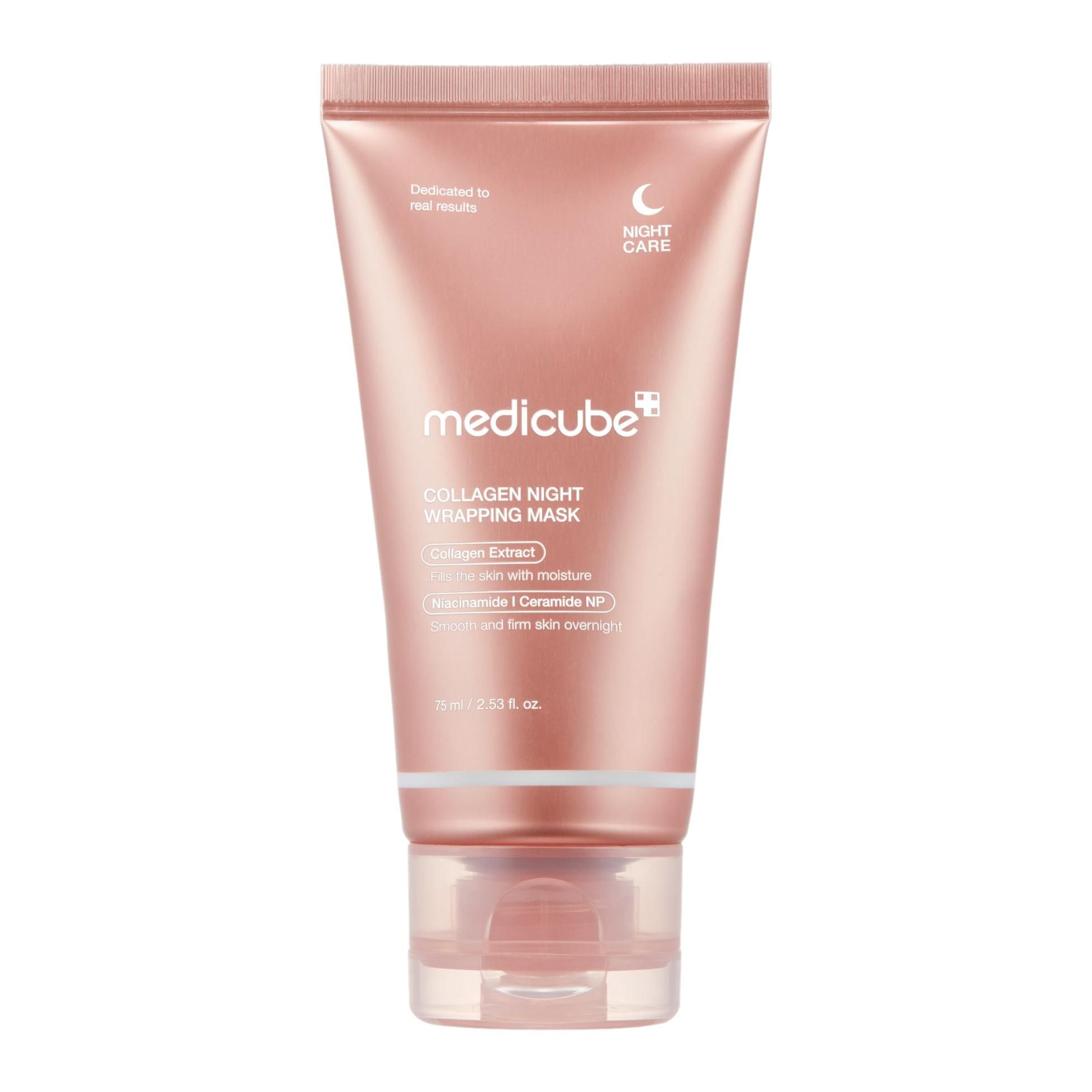 Rosafarbene Tube mit der Aufschrift 'Collagen Night Wrapping Mask'.