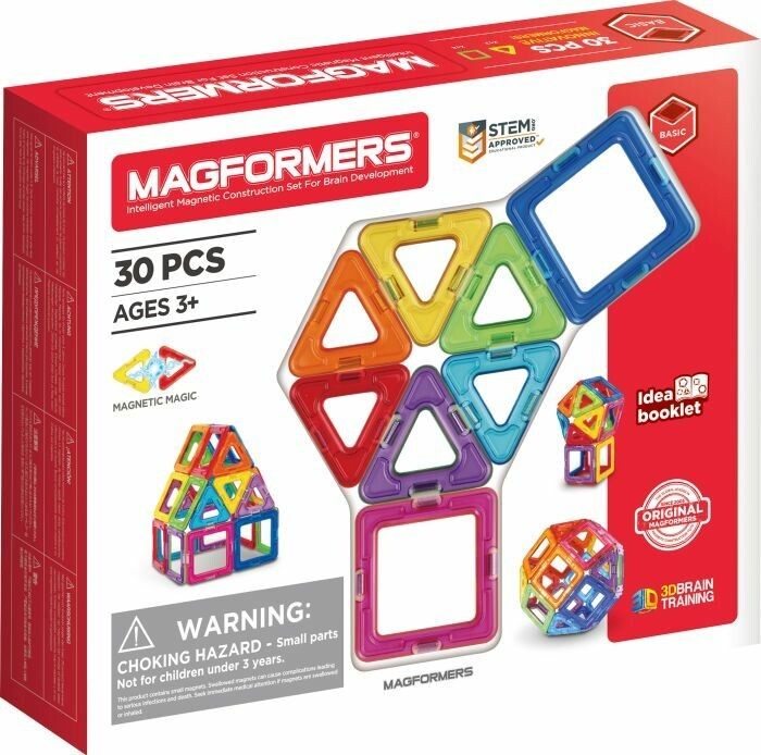 Magformers-Set. Enthält 30 Teile. Geeignet für Kinder ab 3 Jahren. Enthält Dreiecke und Quadrate in verschiedenen Farben. Verpackung mit Booklet.