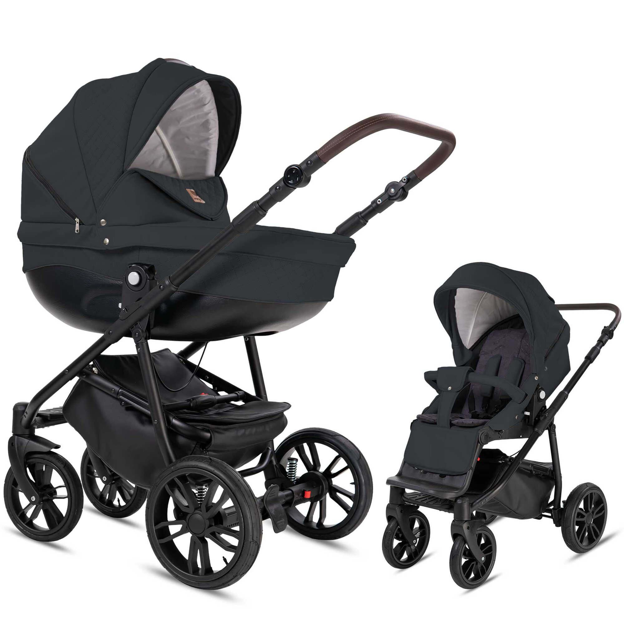 Kombikinderwagen, dunkelgrau. Zwei Konfigurationen: Babywanne und Sportwagenaufsatz. Schwarzes Gestell, brauner Griff, große Räder.