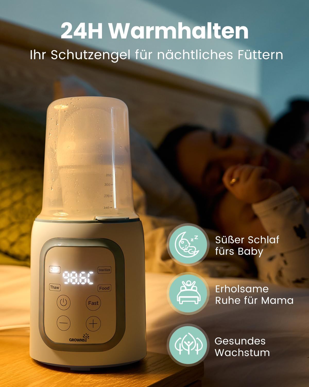 Babyflaschenwärmer mit digitaler Anzeige (98.6°C), Bedienelementen und Markierung 'GROWISI'.