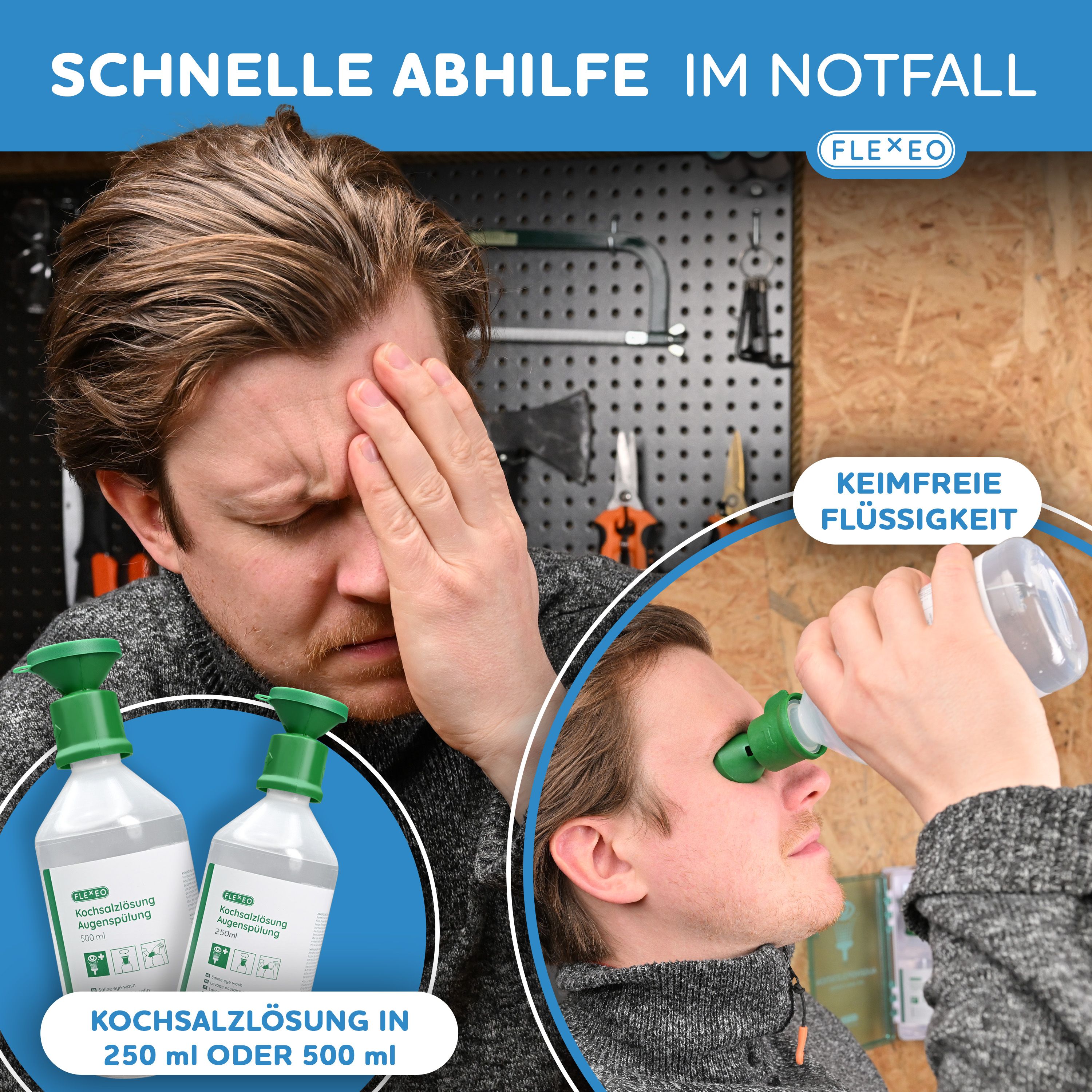 Mann mit Kopfschmerzen und FLEXEO Augenspülflasche. Flasche mit grünem Aufsatz. Kochsalzlösung in 250 ml oder 500 ml.
