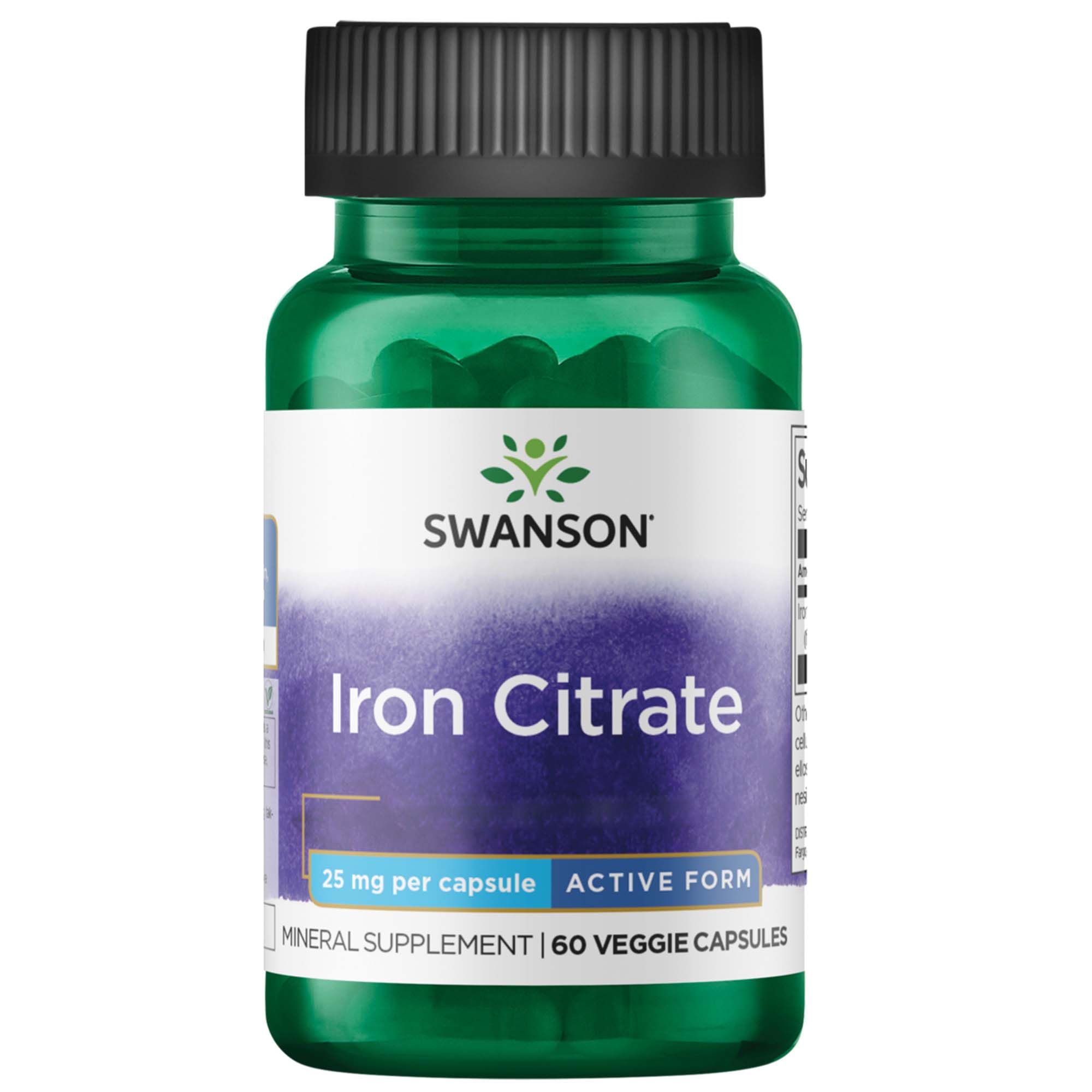Grüne Flasche mit schwarzem Deckel. Aufschrift: SWANSON Iron Citrate. Enthält 60 Veggie-Kapseln. 25 mg pro Kapsel.