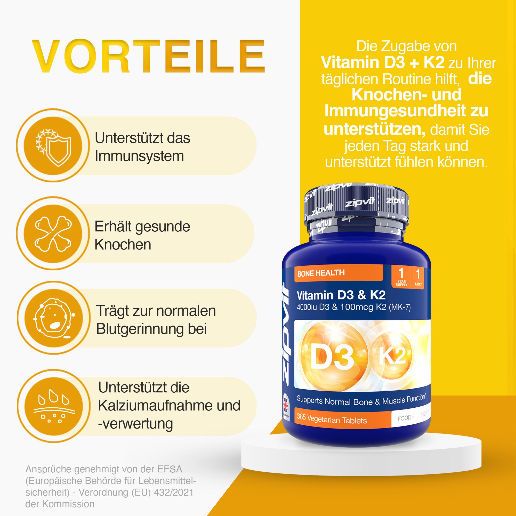 Blaue Flasche mit Vitamin D3 K2. Text: Unterstützt Immunsystem, Knochen, Blutgerinnung, Kalziumaufnahme. Auf weißem Podest.