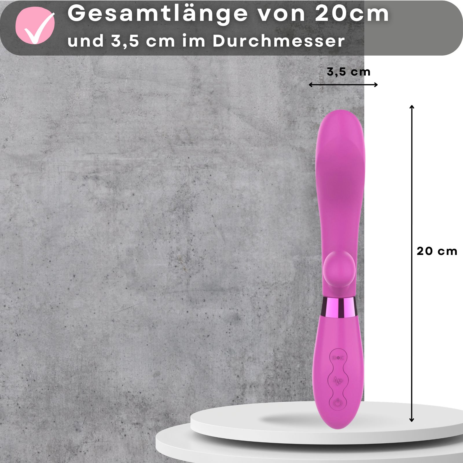 Rosa Vibrator. Gesamtlänge 20cm, Durchmesser 3,5cm. Auf Podest platziert. Maße angegeben.