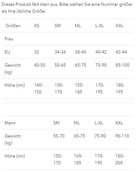 Größentabelle für die Haltungsstütze. Größen: XS, SM, ML, L-XL, XXL. Angaben für Frauen und Männer, mit EU-Größen, Gewicht und Höhe.