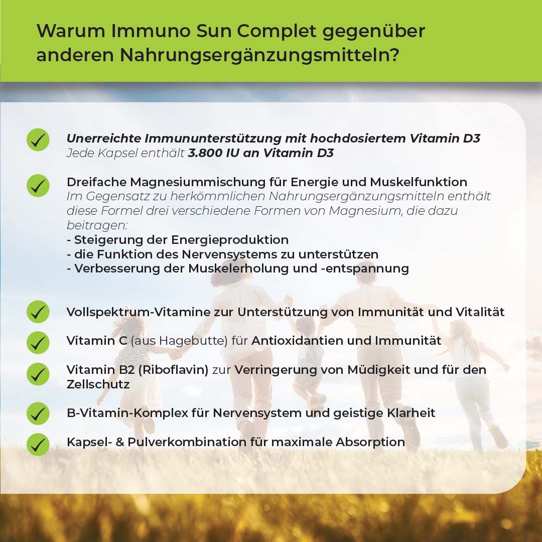 Text: Warum Immuno Sun Komplett? Vorteile gegenüber anderen Nahrungsergänzungsmitteln. Auflistung von Vorteilen.