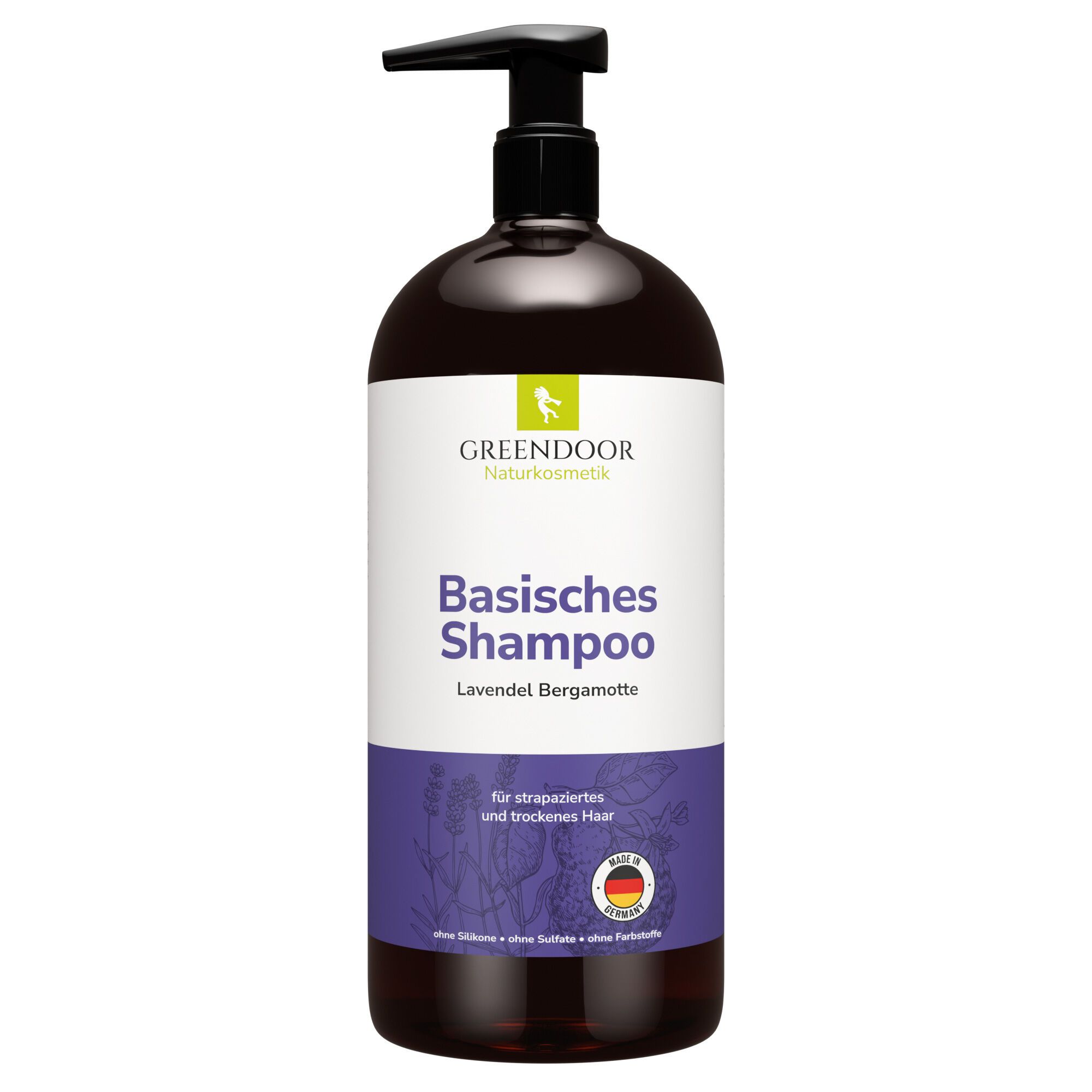 GREENDOOR Basisches Shampoo Lavendel Bergamotte in dunkler Flasche mit Pumpspender.