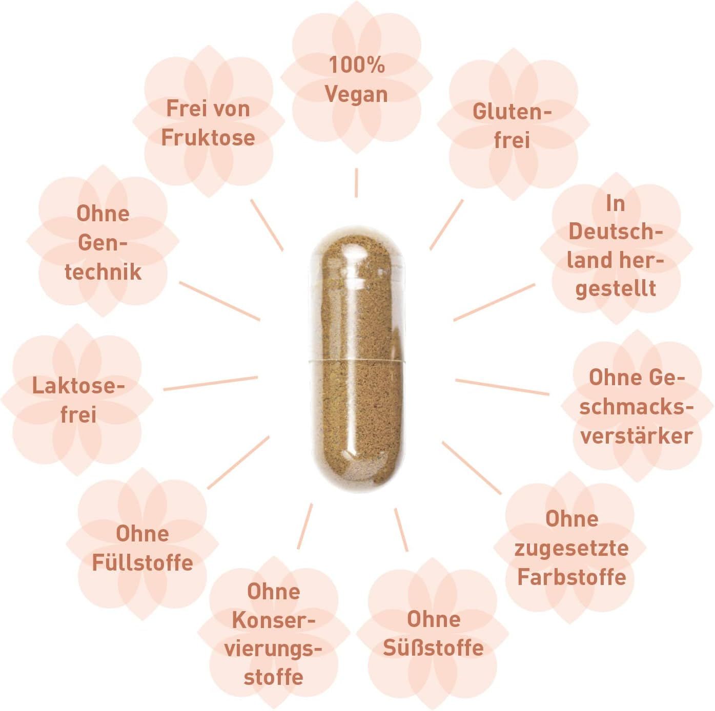 Kapsel mit Inhaltsstoffen, umgeben von Icons mit Texten wie 'Vegan', 'Glutenfrei', 'Ohne Gentechnik'.