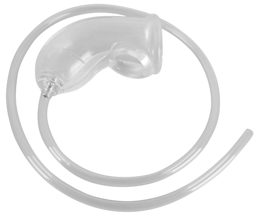 Transparentes, flexibles Produkt mit gebogener Form und Schlauch. Enthält einen Hodenring. Detailansicht.