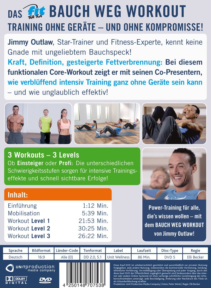 Rückseite der DVD-Hülle "Bauch Weg Workout". Text, Bilder von Übungen, Jimmy Outlaw.