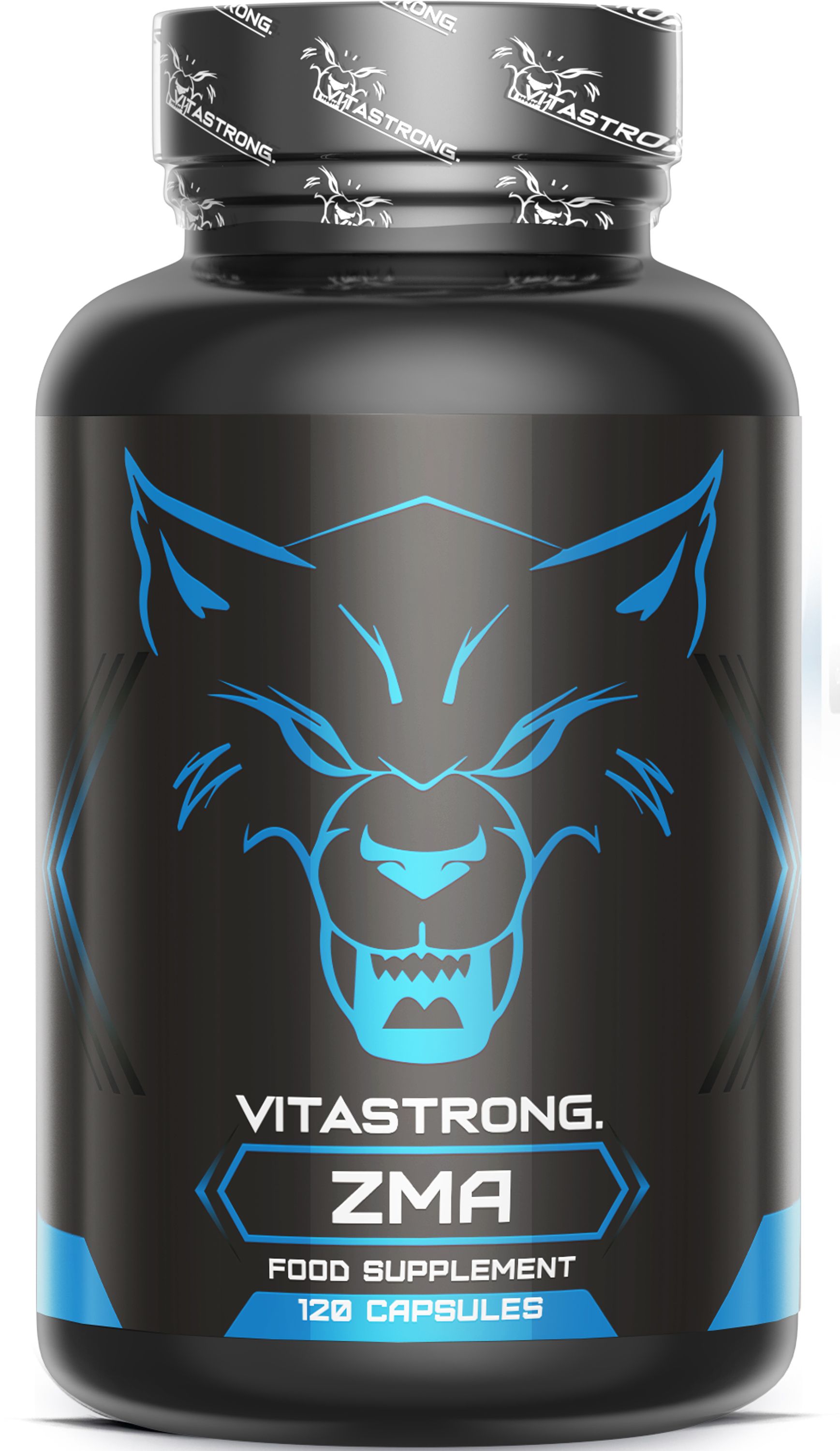 Schwarze Dose mit blauem Wolfskopf-Logo, ZMA, 120 Kapseln.