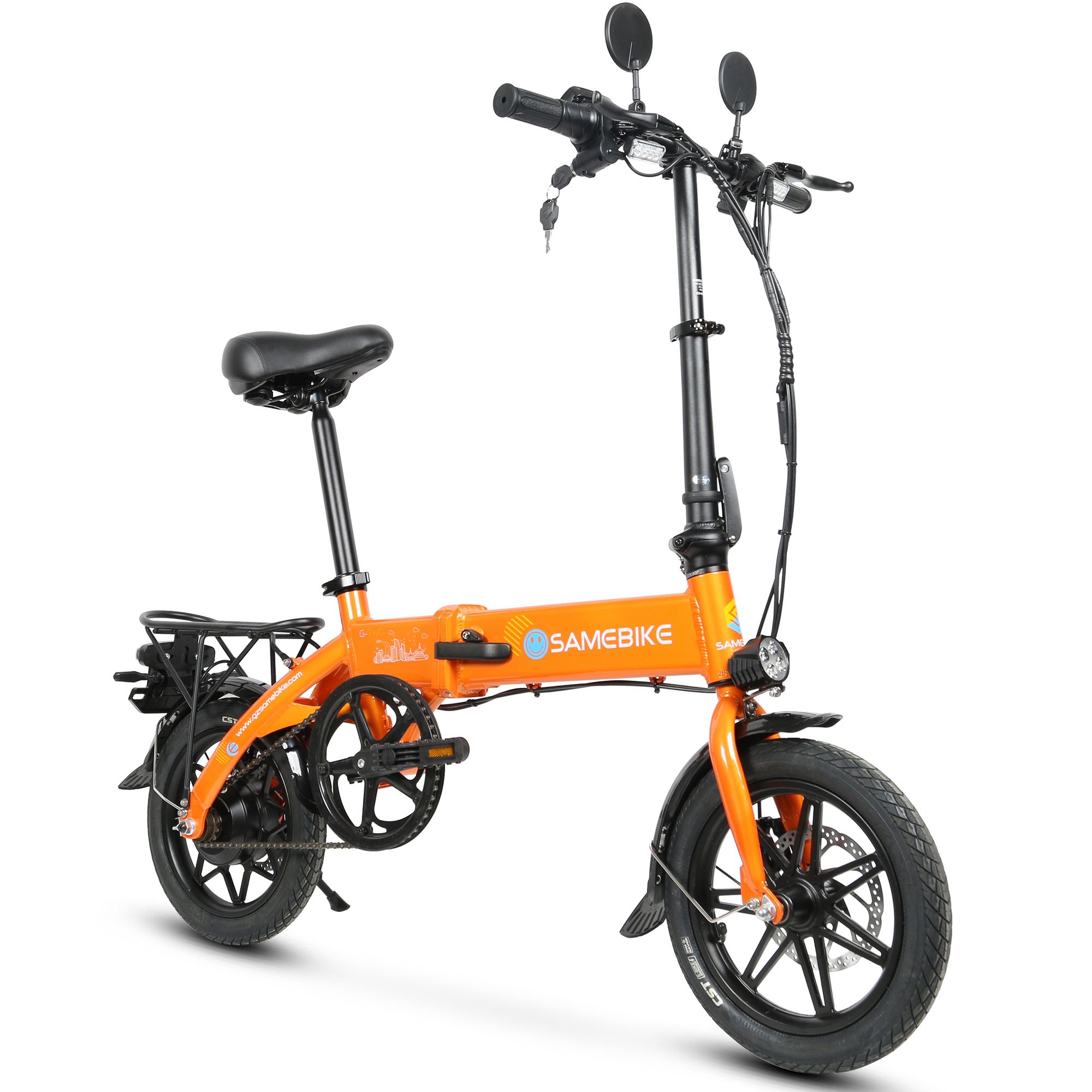 Orangefarbenes, zusammenklappbares E-Bike mit schwarzen Elementen. Marke SAMEBIKE.