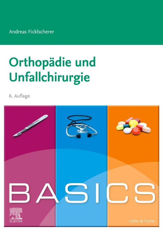 Buchcover: Orthopädie und Unfallchirurgie. Titel, Autor, Auflage. Abbildungen von Skalpell, Stethoskop und Tabletten.