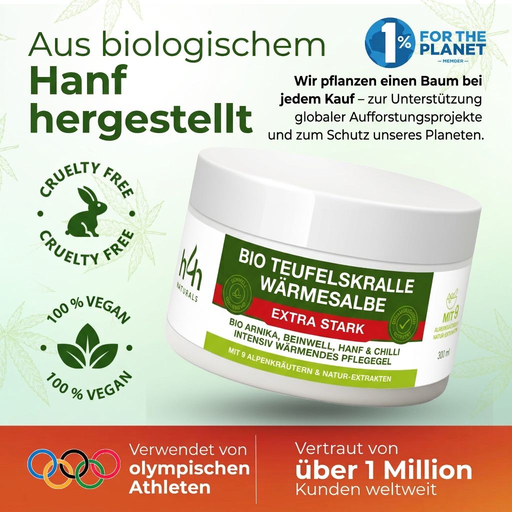 Weißes Tiegel mit grünem Etikett. Text: BIO TEUFELSKRALLE WÄRMESALBE EXTRA STARK. Aufschrift: H4H Naturals. Vegan, Cruelty Free, Baum-Spende.