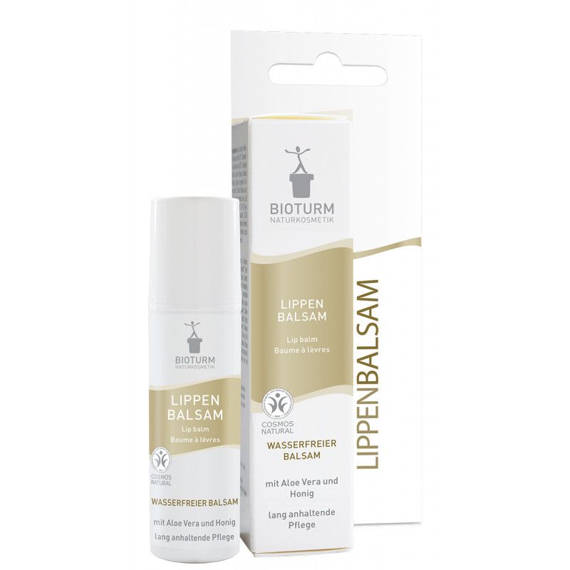 Lippenbalsam in weißer Tube und Verpackung. Aufschrift: Bioturm, Lippen Balsam, wasserfreier Balsam mit Aloe Vera und Honig.