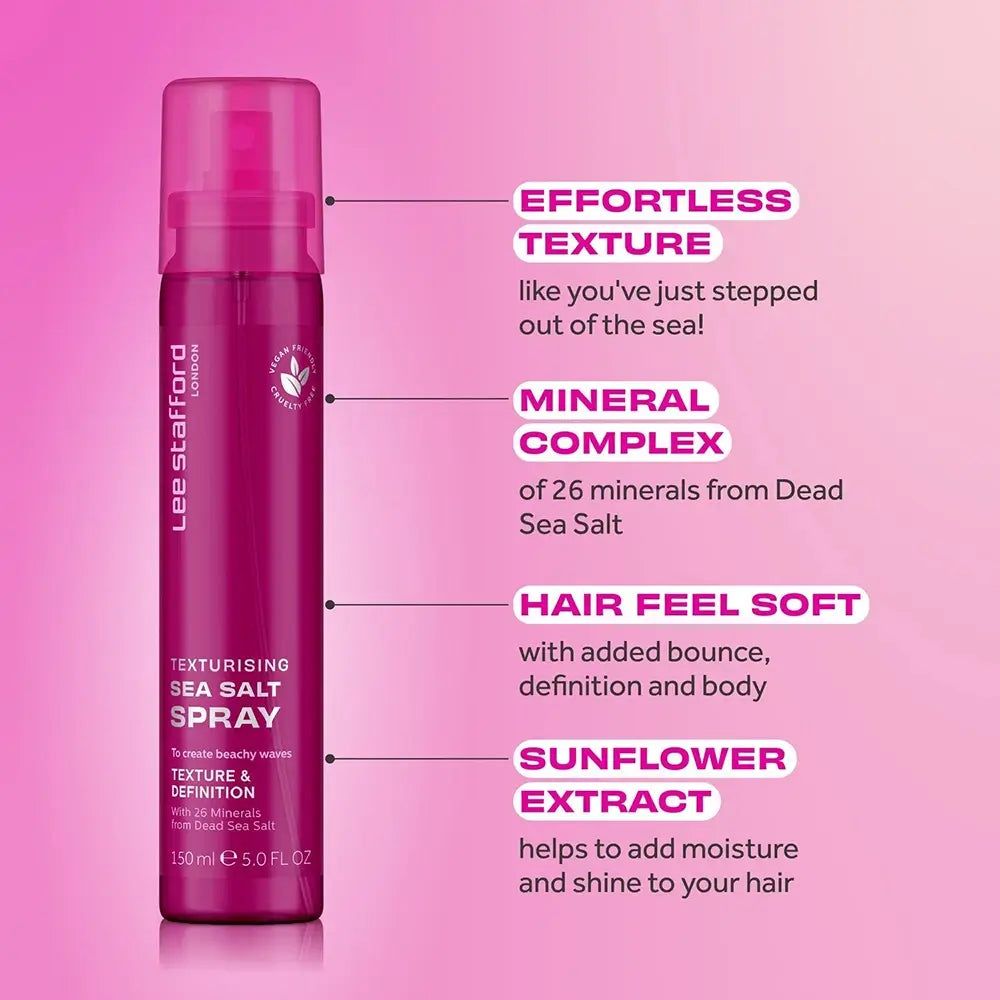 Fuchsiafarbene Sprühflasche Lee Stafford Texturising Sea Salt Spray mit Erläuterungen zu Textur, Mineralien und Inhaltsstoffen.