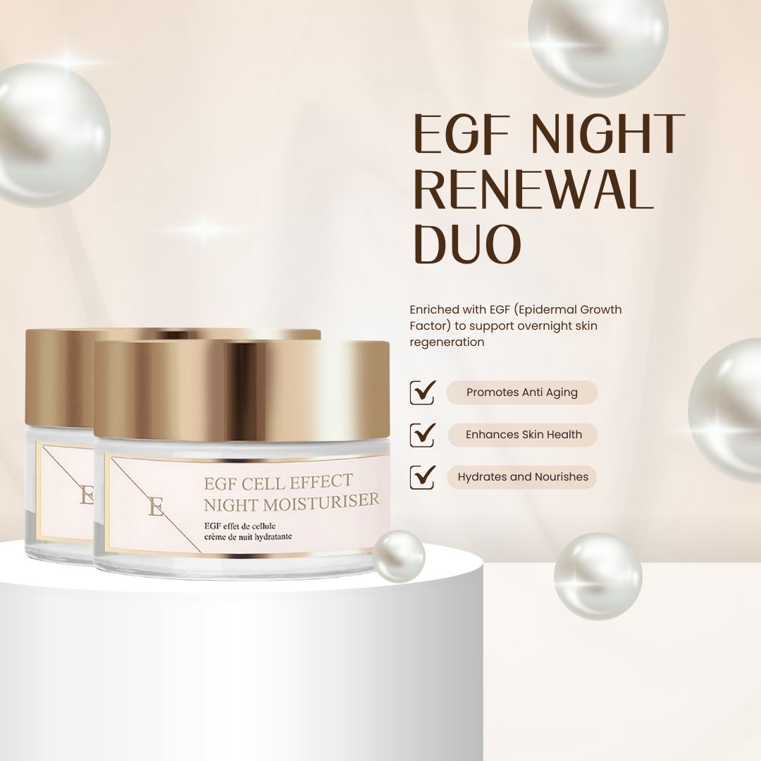 Zwei Tiegel Nachtfeuchtigkeitscreme auf Podest. Text: EGF Night Renewal Duo. Vorteile: Anti-Aging, Hautgesundheit, Feuchtigkeit.