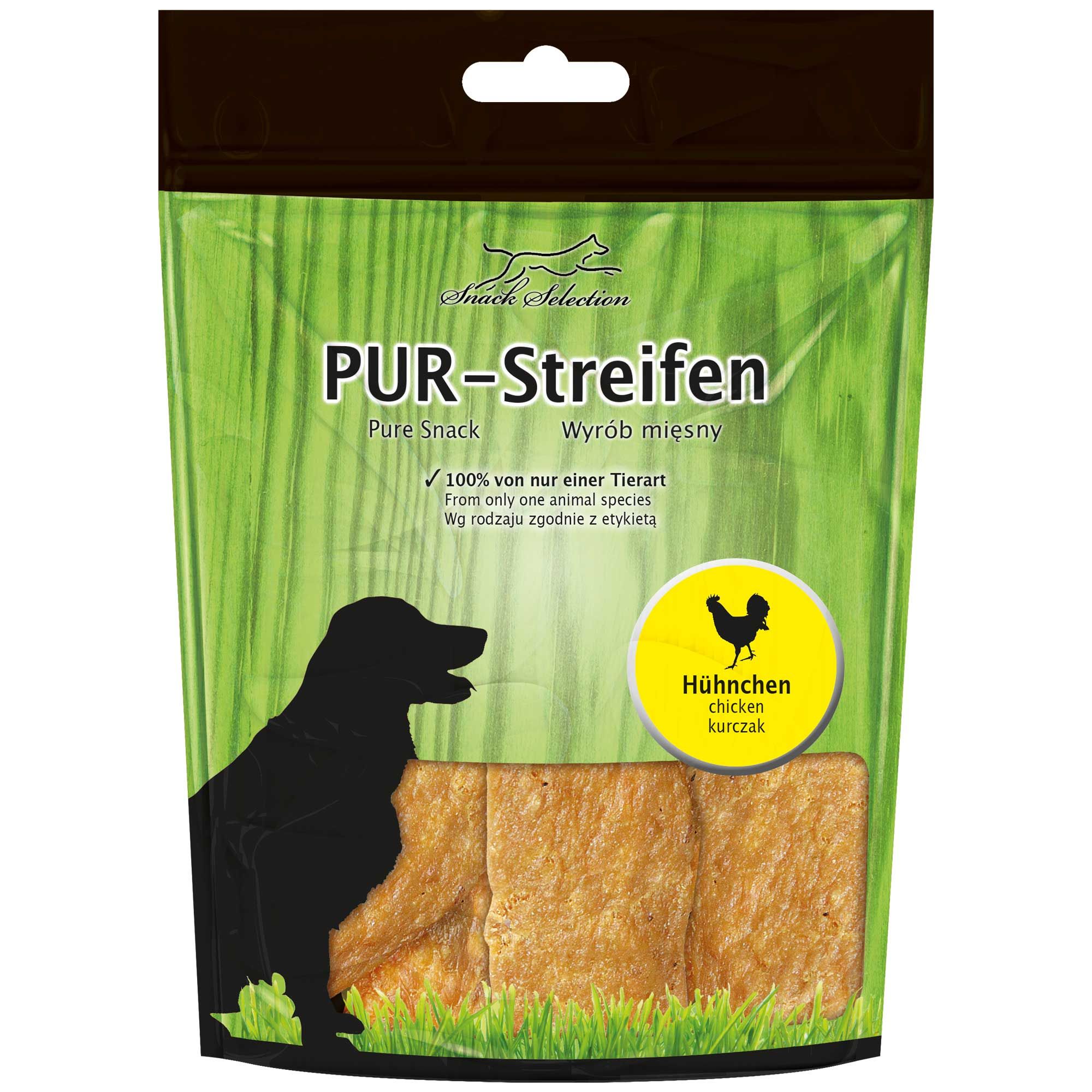 Schecker Dörrfleisch-Packung. Grün-transparente Verpackung mit Produktnamen, Hundesilhouette und Hühnchen-Symbol. Kaustreifen sind sichtbar.