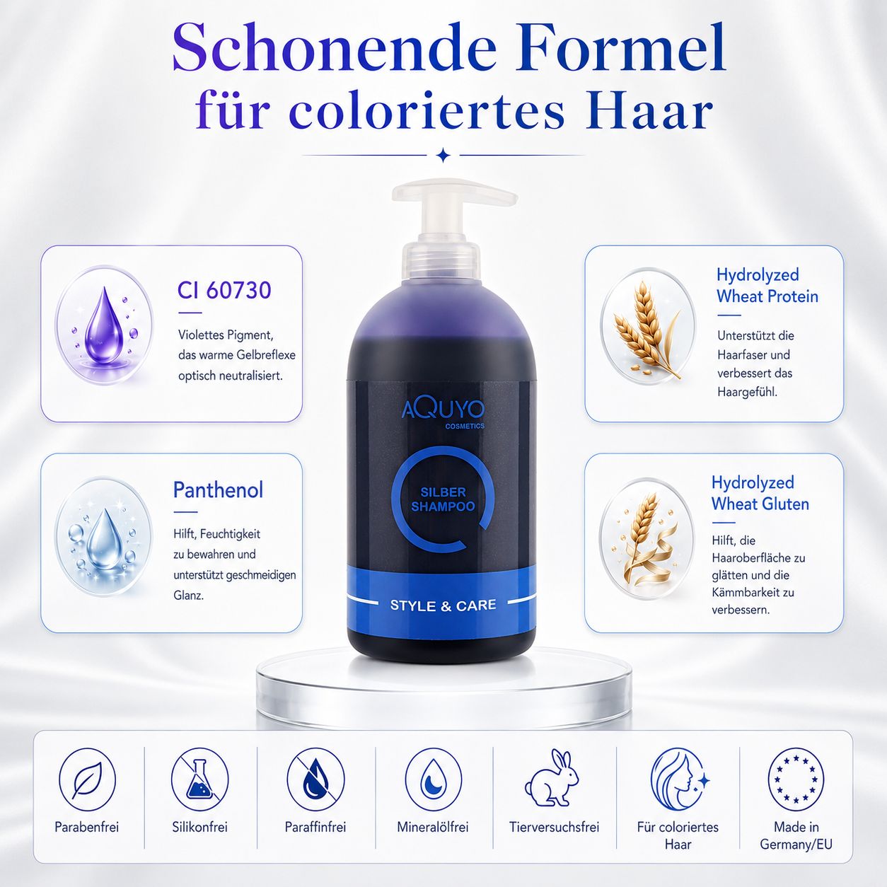 Shampoo-Flasche. Text: Schone Formel für coloriertes Haar. Inhaltsstoffe: CI 60730, Panthenol, Weizenproteine. Produktname: Silber Shampoo.