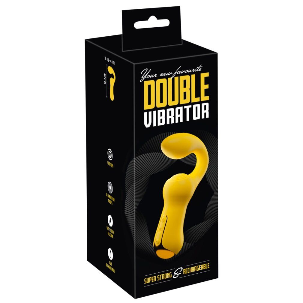 Schwarze Verpackung mit Produktabbildung und Text: „Double Vibrator“. Enthält Produktinformationen und Logos.