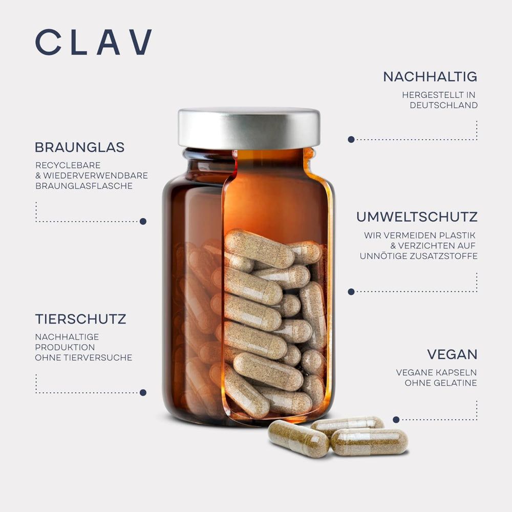 Grafik mit einer Glasflasche und Kapseln. Text: Braunglas, Umweltschutz, Tierschutz, Vegan. Marke: CLAV.