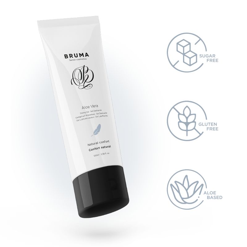 Bruma Aloe Vera Gleitgel Tube mit Icons: Zuckerfrei, Glutenfrei, Aloe Vera Basis.