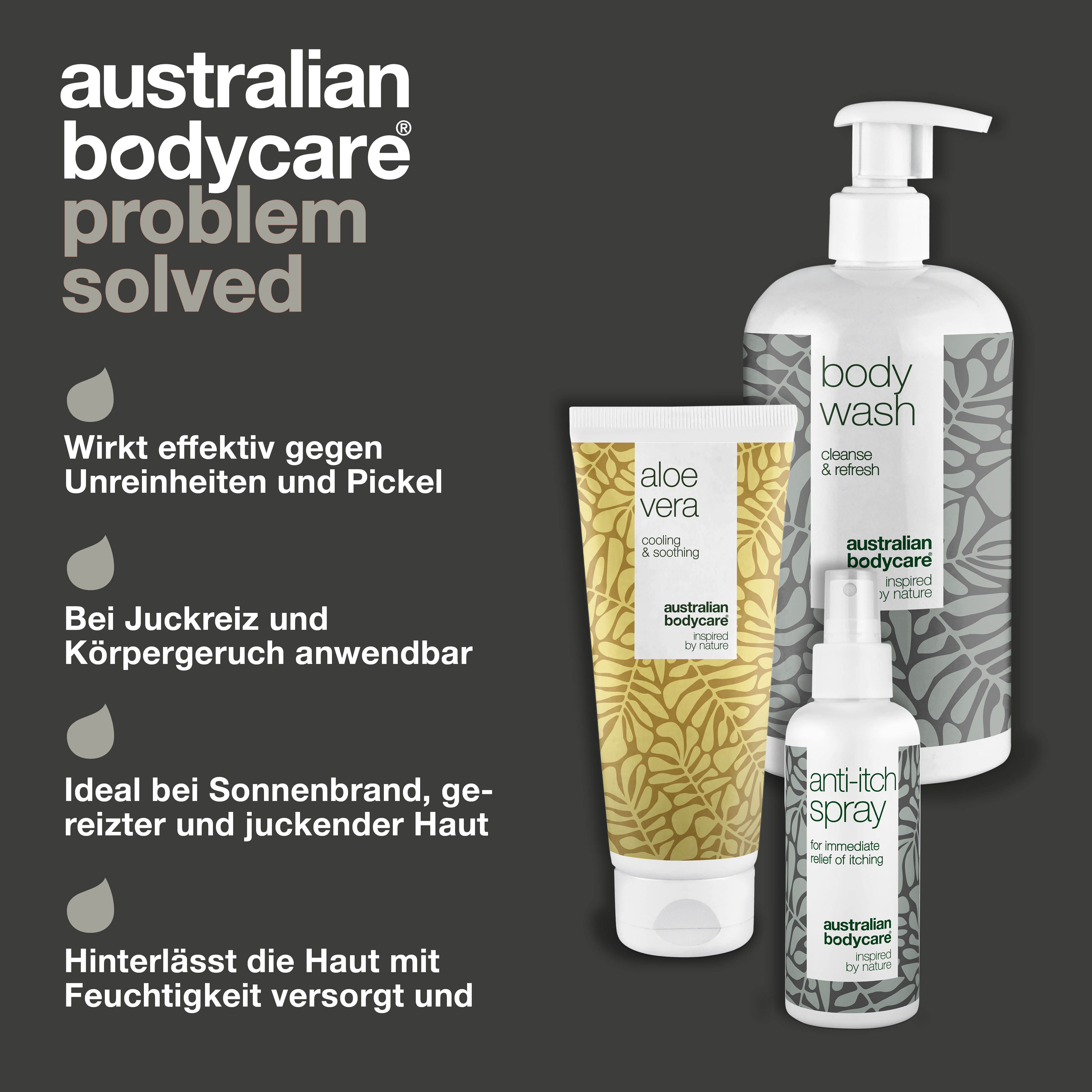 Drei Produkte: Body Wash, Aloe Vera Gel und Anti-Juckreiz-Spray. Text: Problem gelöst. Schwarzer Hintergrund mit Tropfen.