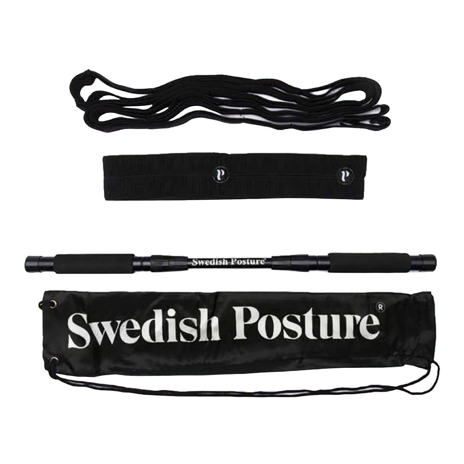 Set mit schwarzem Trainingszubehör. Enthält Bänder, Beinband, Stange mit Griffen und eine Tragetasche mit Logo.