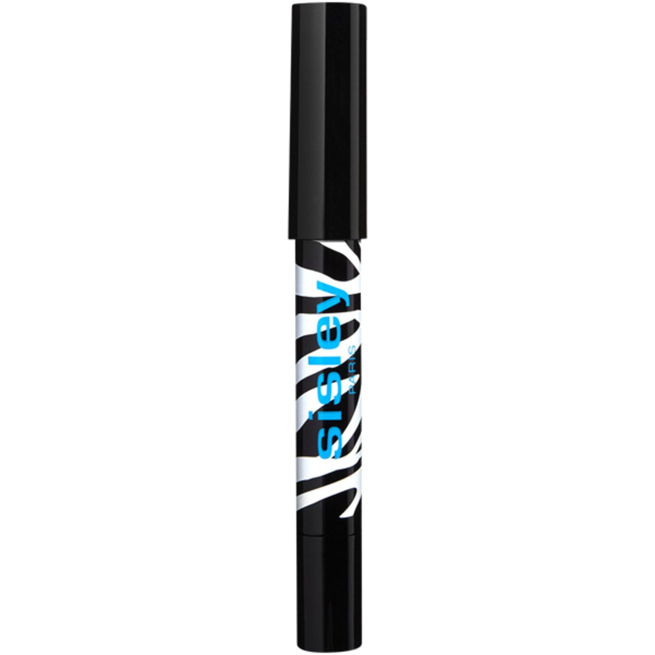 Sisley Phyto-Eye Twist. Stift mit schwarzem Zebra-Muster und blauem Schriftzug. Spitze in dunklem Farbton. Schwarzer Deckel.