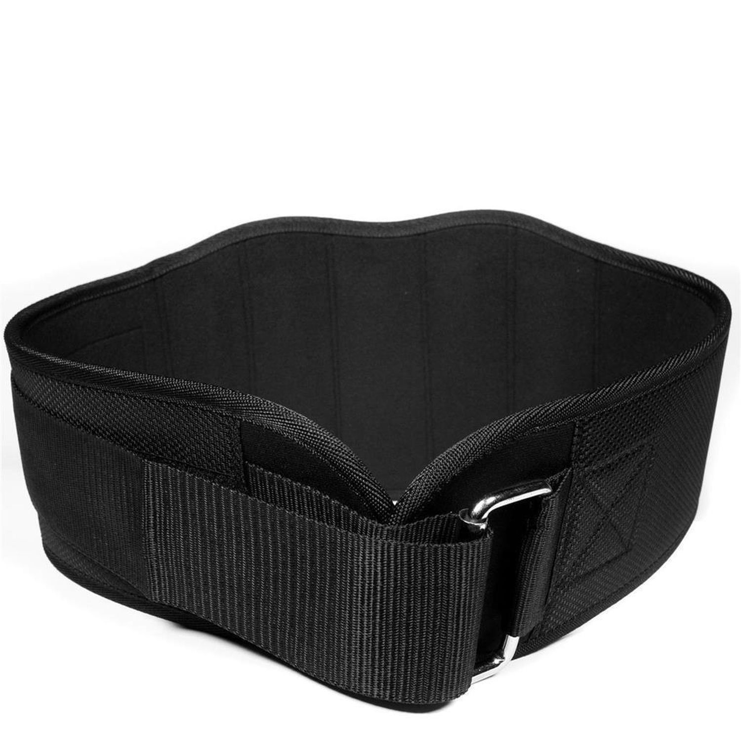 Schwarzer Gewichthebergürtel mit Schnalle. Der Gürtel hat eine gewebte Oberfläche.