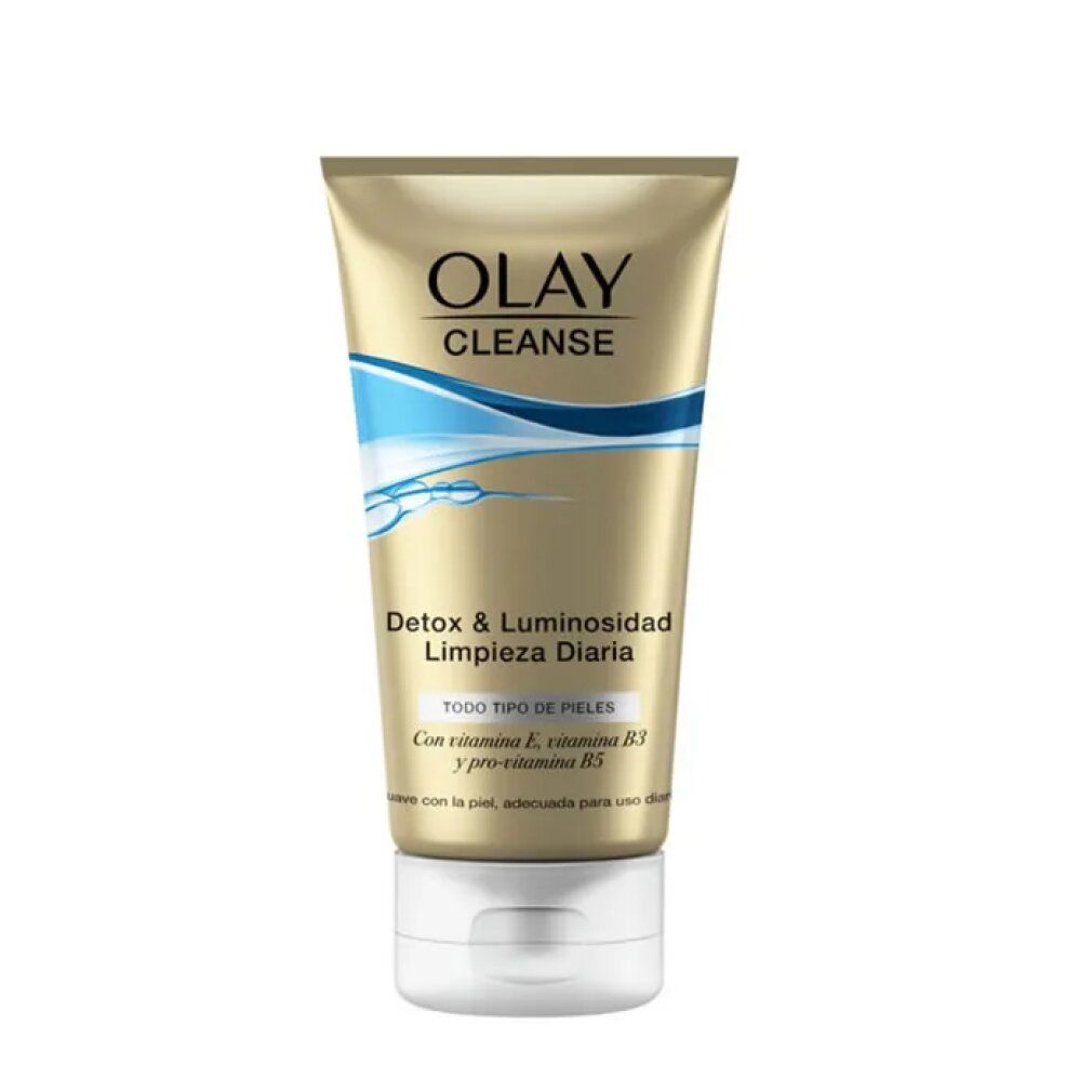 Goldfarbene Tube mit weißem Deckel. Oben steht Olay Cleanse. Darunter Detox & Luminosidad. Für alle Hauttypen.