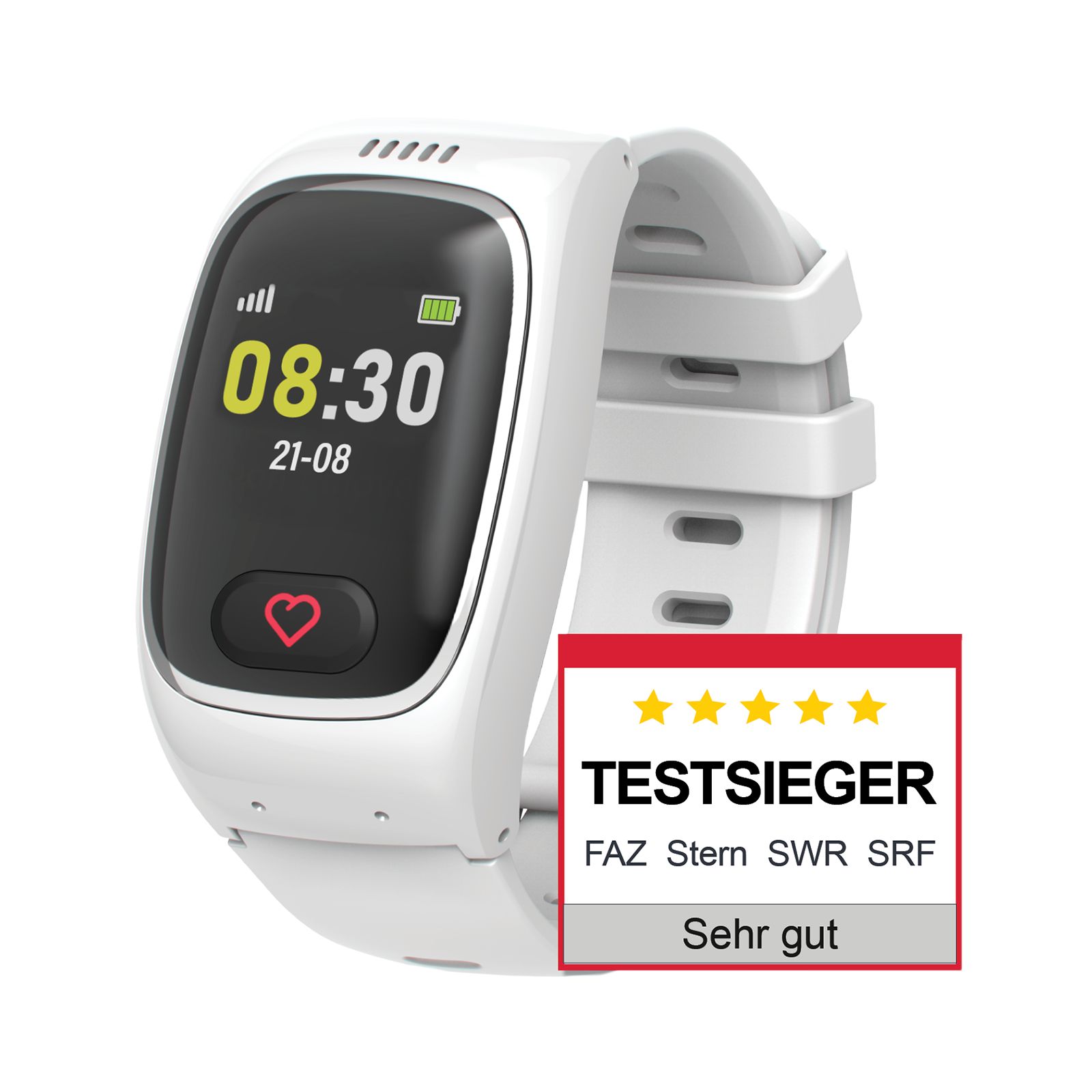 Weiße Smartwatch mit Display. Zeigt Uhrzeit und Herzsymbol. Bewertung 'Testsieger' mit Sternen.
