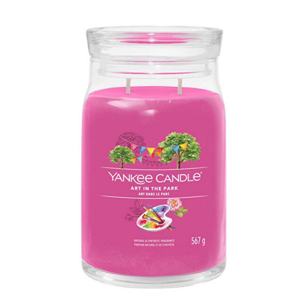 Rosa Duftkerze im Glas mit Deckel. Aufschrift: Yankee Candle, Art in the Park. Gewicht: 567 g.
