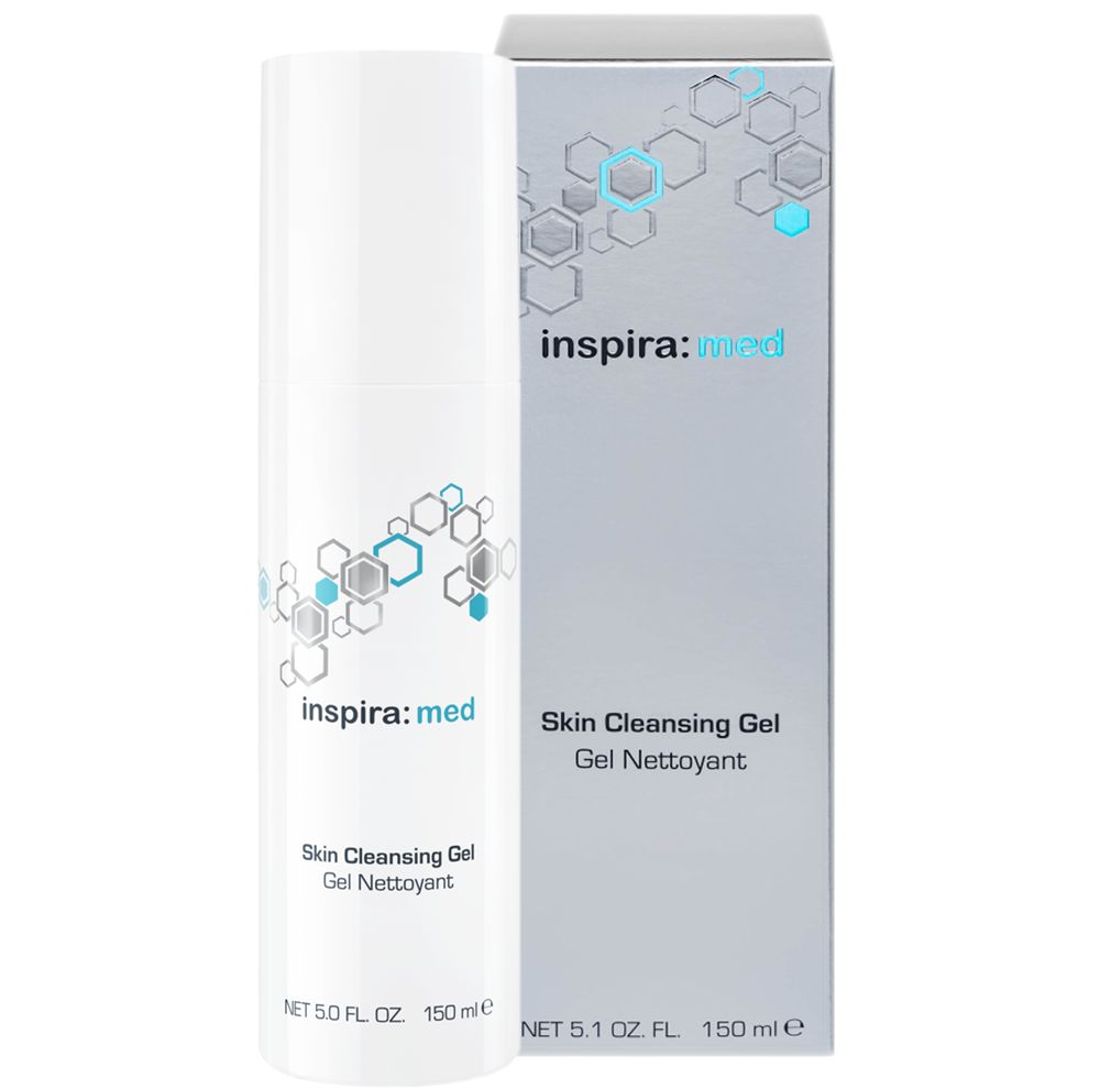 Weiße Flasche und Schachtel mit „inspira:med Skin Cleansing Gel“. Auf der Flasche und Schachtel steht „Skin Cleansing Gel“ und „Gel Nettoyant“.