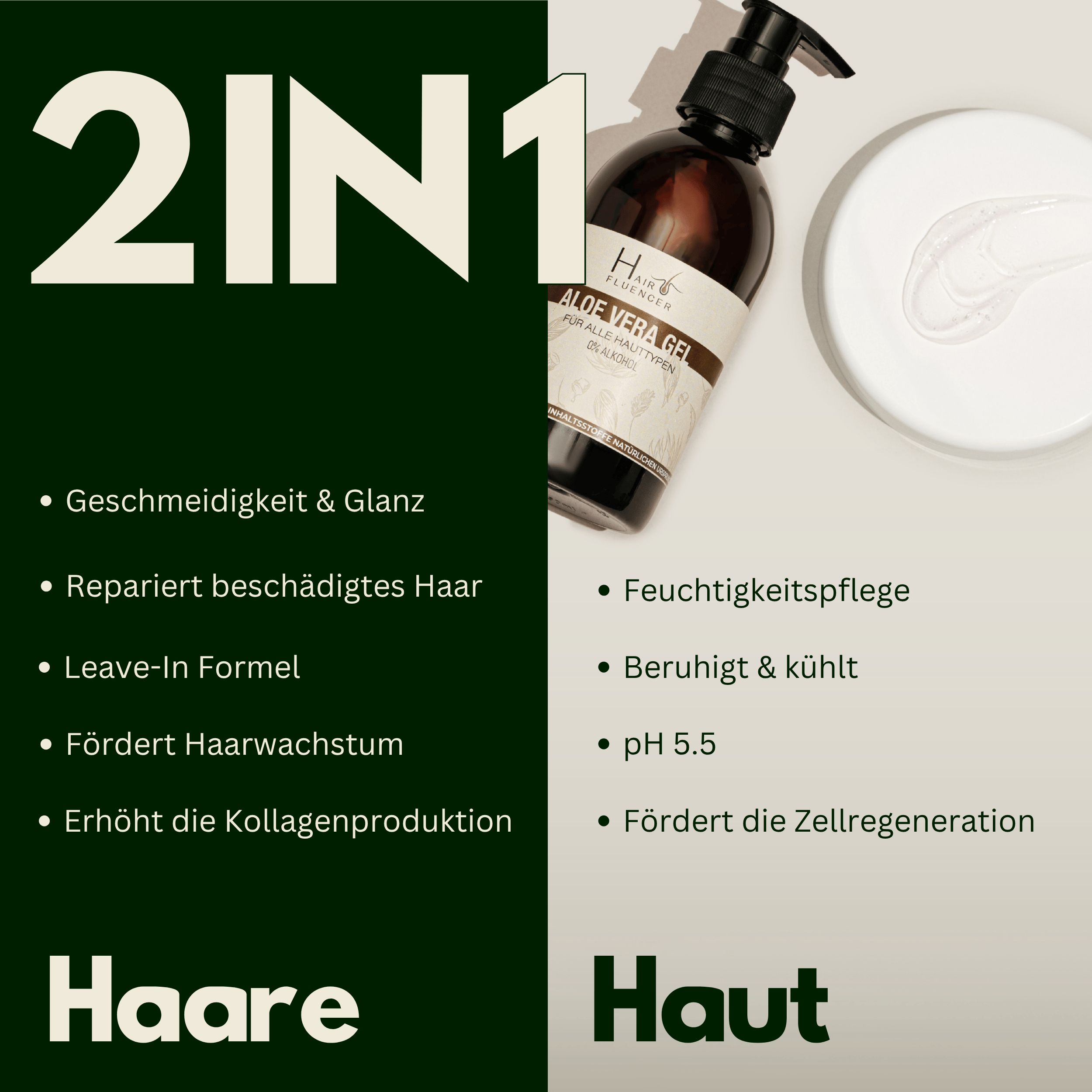 Text: 2in1 Haare & Haut. Geschmeidigkeit, repariert, Leave-In, fördert Wachstum, Kollagen. Feuchtigkeit, beruhigt, pH5.5.