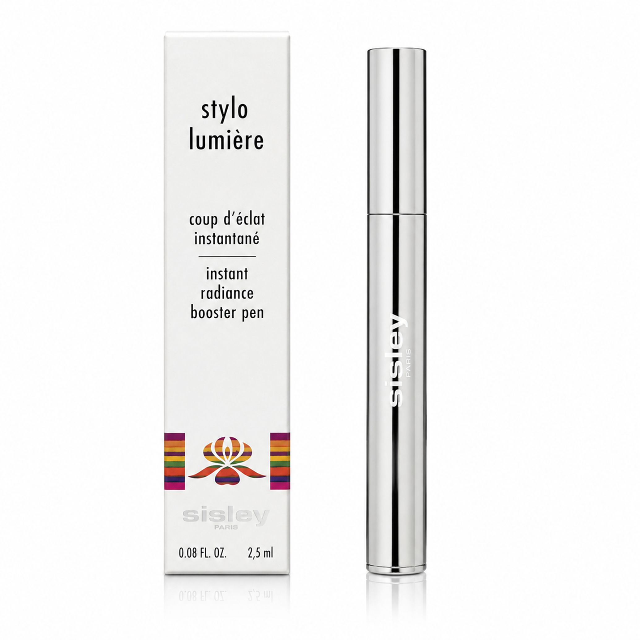 Silberner Stift mit 'Sisley Paris'-Aufschrift und Verpackung für 'Stylo Lumière'.