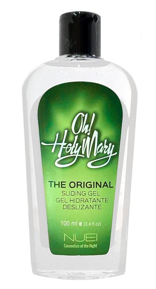 Transparente Flasche mit schwarzem Deckel. Aufschrift: Oh! Holy Mary The Original Sliding Gel. Grüner Hintergrund. 100 ml.