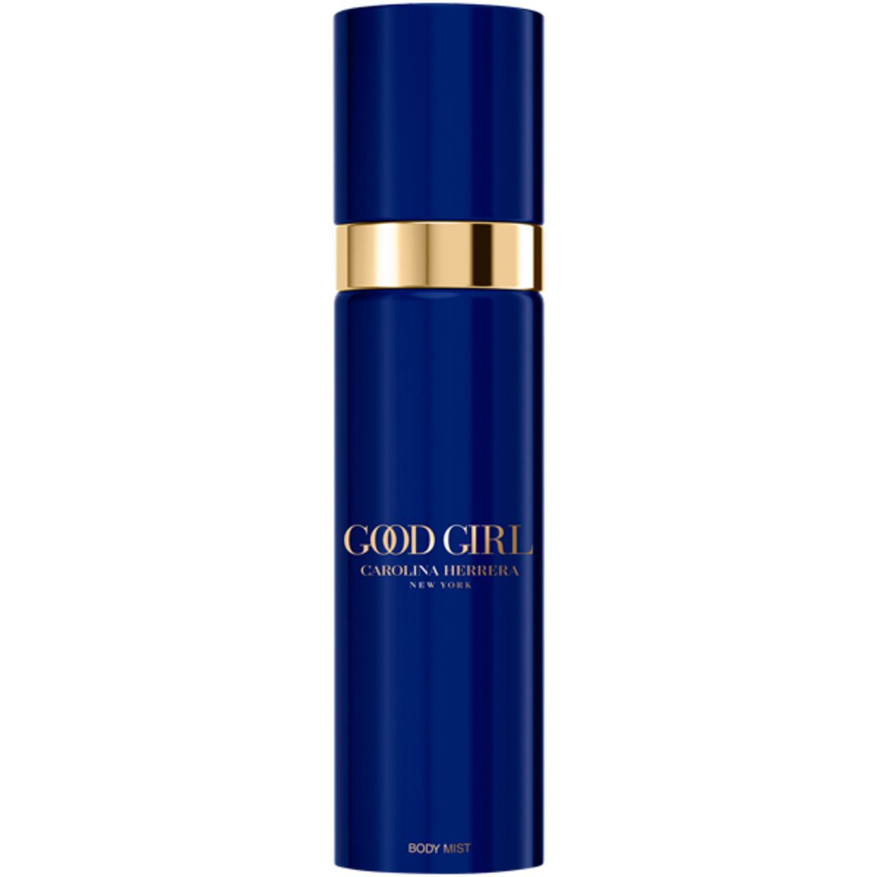 Blauer Good Girl Body Mist-Behälter mit goldfarbenem Band. Schriftzug Good Girl und Carolina Herrera.