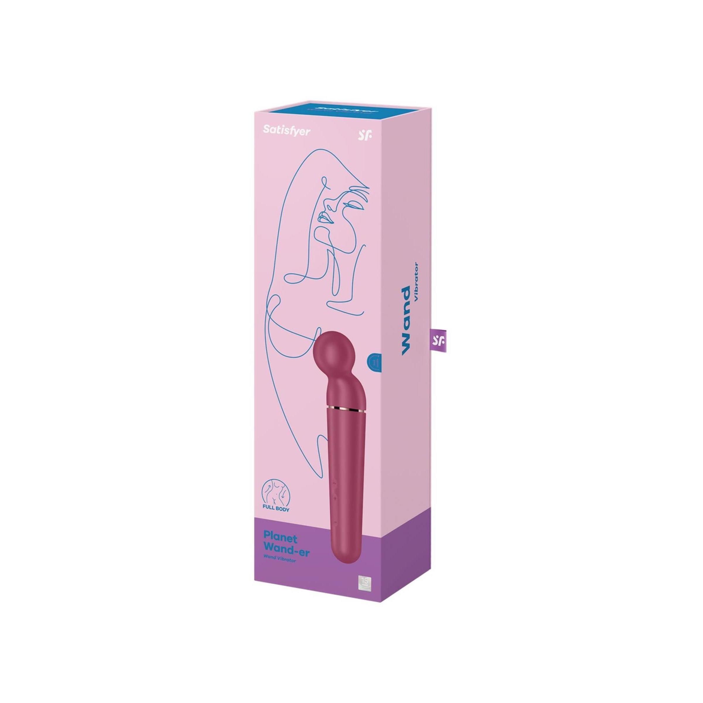 Verpackung mit Produktabbildung. Produkt: bordeauxfarbener Vibrator. Aufschrift: Satisfyer, Planet Wand-er, SF.