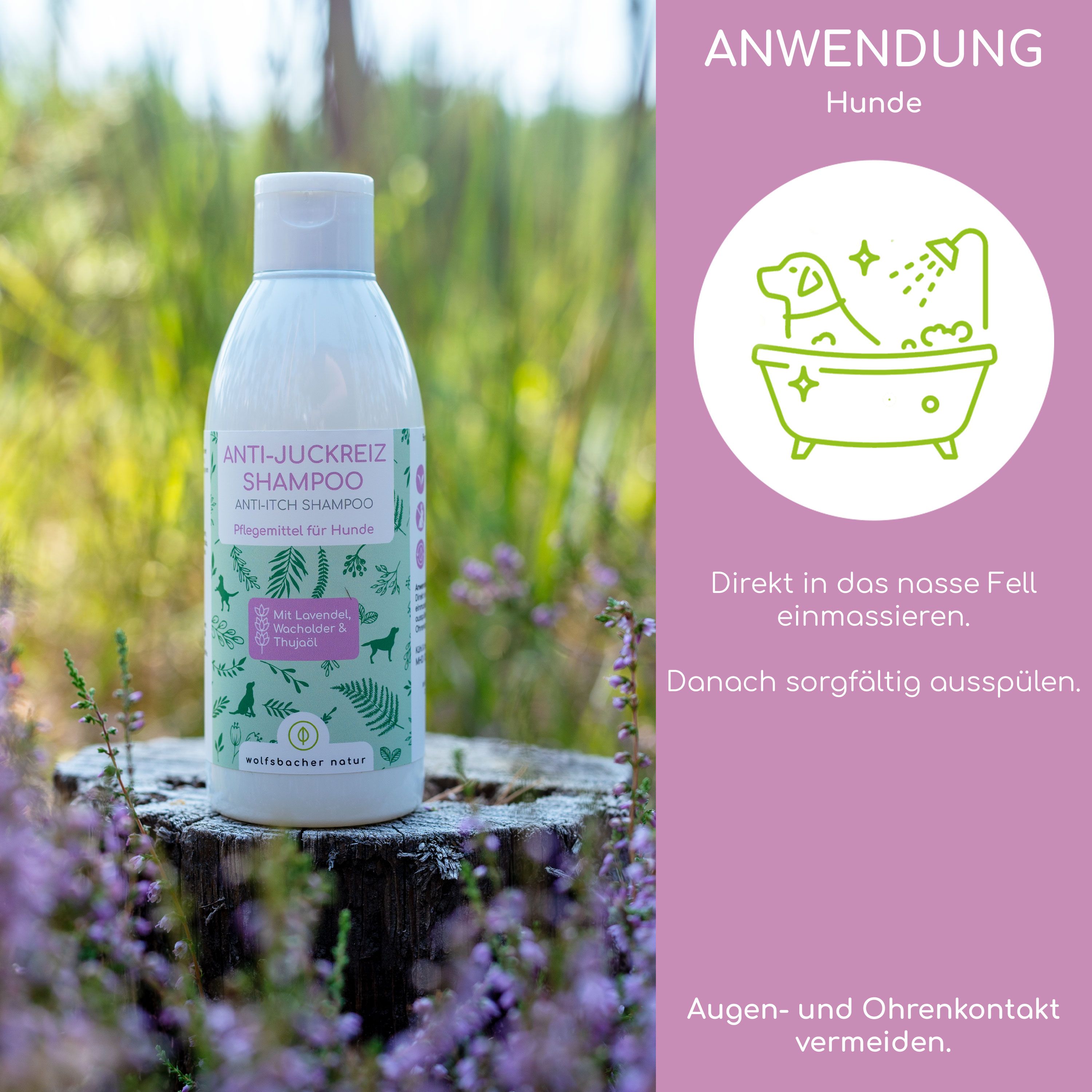 Flasche Shampoo auf Baumstumpf. Text: Anwendung Hunde. Direkt ins nasse Fell einmassieren. Danach sorgfältig ausspülen. Augen- und Ohrenkontakt vermeiden.