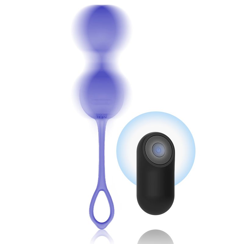 Zwei lilafarbene Kegelperlen mit Schlaufe und schwarzer Fernbedienung. Blaue Lichteffekte.