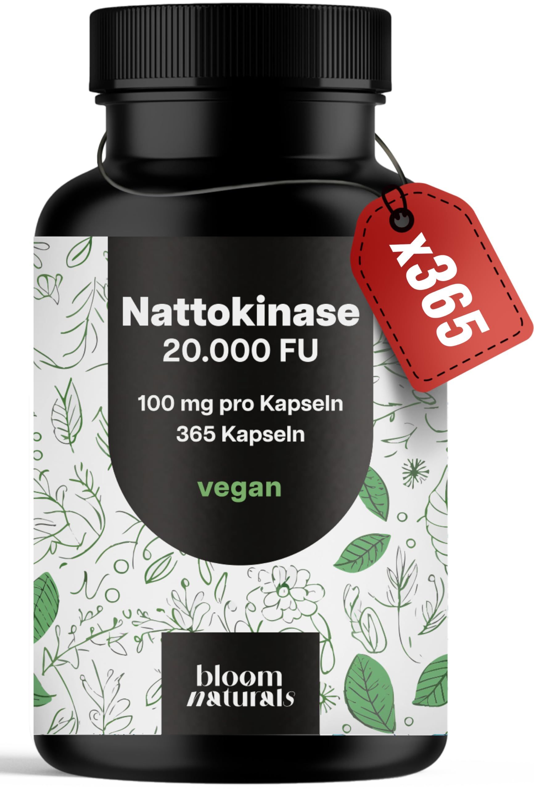 Schwarze Dose Nattokinase mit rotem Anhänger "x365". 365 Kapseln.