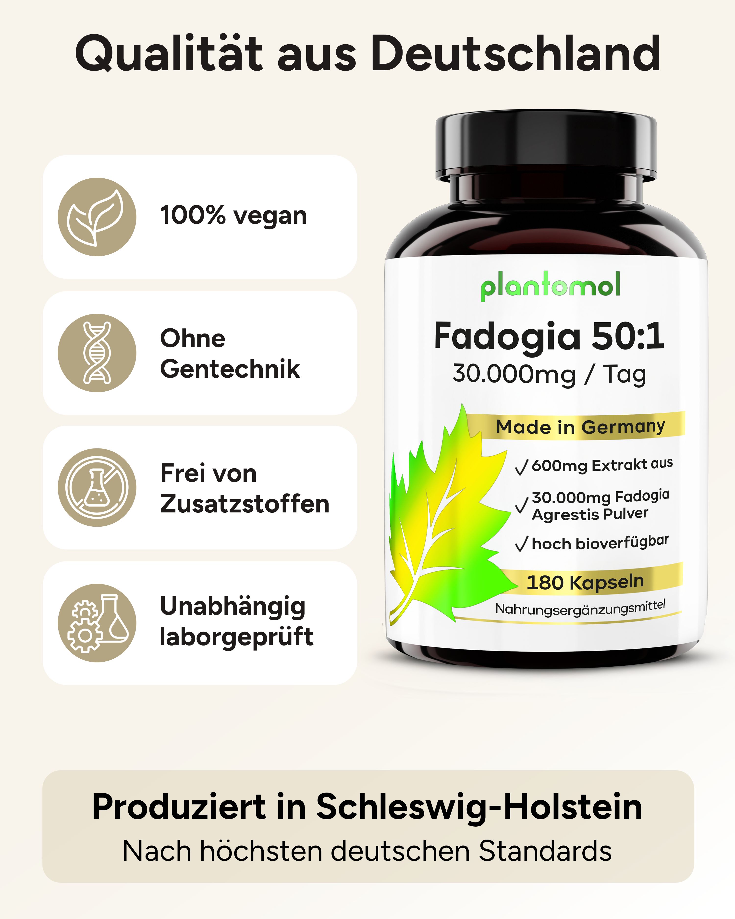 Produktflasche mit Labeln: 100% vegan, ohne Gentechnik, frei von Zusatzstoffen, laborgeprüft. Hergestellt in Deutschland.