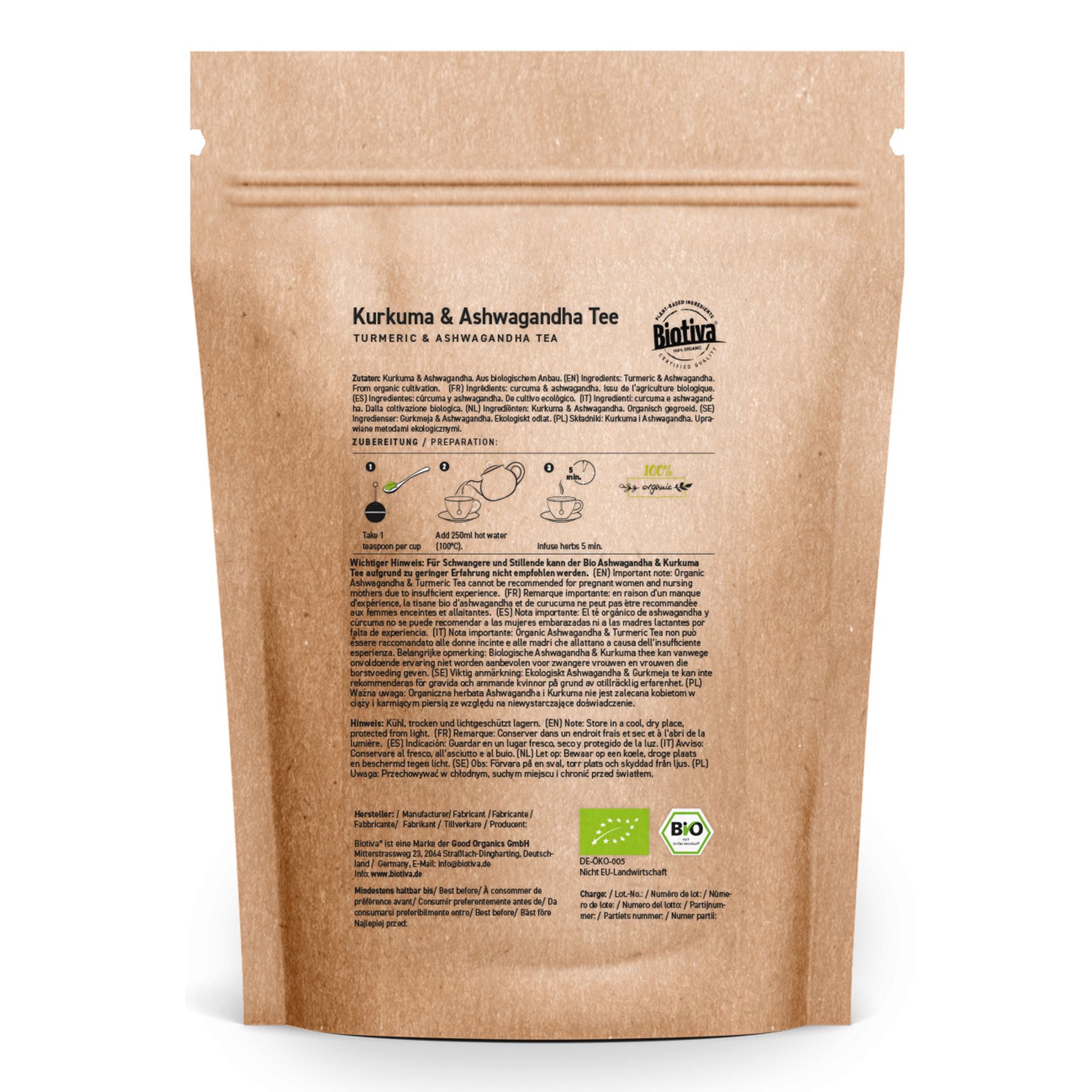 Rückseite einer braunen Papierverpackung mit Text. Der Text enthält Informationen über Kurkuma & Ashwagandha Tee, Zutaten und Zubereitung.