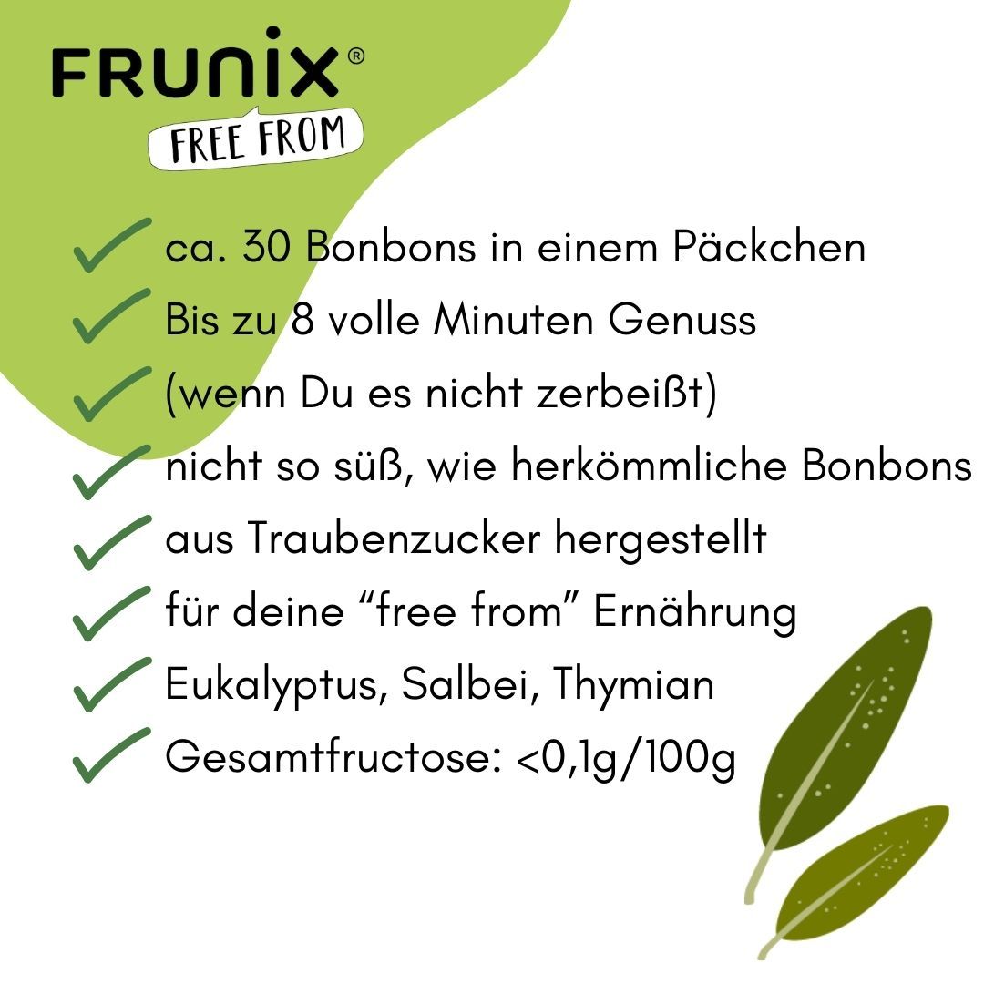 Text: FRUNIX FREE FROM. Ca. 30 Bonbons in einem Päckchen. Eukalyptus, Salbei, Thymian. Gesamtfrutkose: <0,1g/100g. Für deine free from Ernährung.